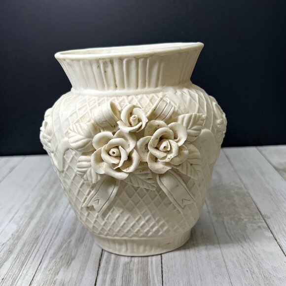 Vintage Bisque Porcelain Vase Sculpted 3D Raised Flower Pattern 6.25'' Tall - Picture 1 of 7